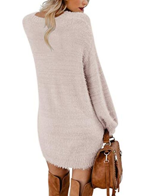 Meenew Women's Faux Fur Oversized Loose Long Pullover Sweater Dress with Pockets