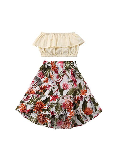 2Pcs Kids Baby Toddler Girl Sunflower Outfits Off Shoulder Crop Tops + Skirt Clothes Set