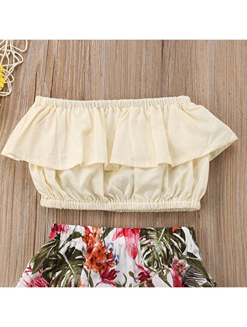 2Pcs Kids Baby Toddler Girl Sunflower Outfits Off Shoulder Crop Tops + Skirt Clothes Set