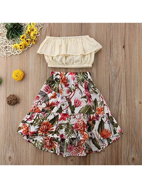 2Pcs Kids Baby Toddler Girl Sunflower Outfits Off Shoulder Crop Tops + Skirt Clothes Set