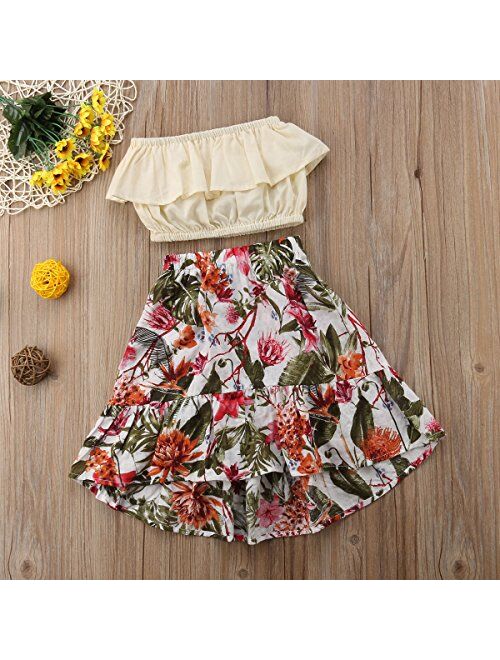 2Pcs Kids Baby Toddler Girl Sunflower Outfits Off Shoulder Crop Tops + Skirt Clothes Set