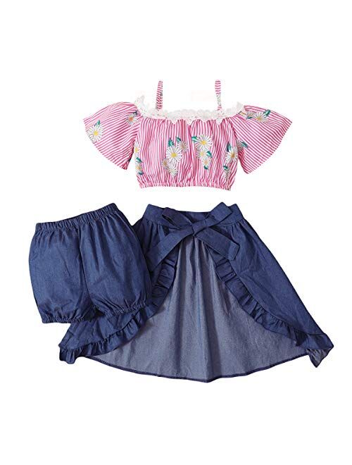 2Pcs Kids Baby Toddler Girl Sunflower Outfits Off Shoulder Crop Tops + Skirt Clothes Set