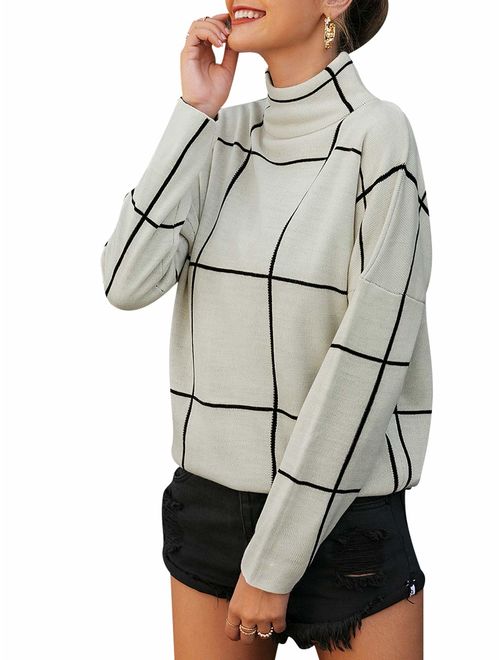 BerryGo Women's Long Sleeve Turtleneck Plaid Pullover Sweater