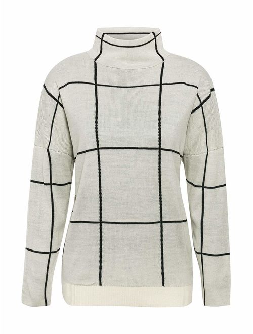 BerryGo Women's Long Sleeve Turtleneck Plaid Pullover Sweater