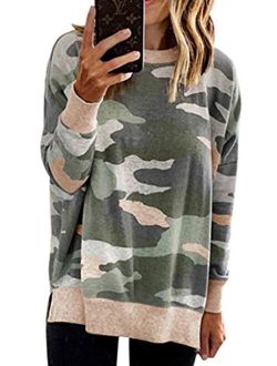 ECOWISH Women's Camouflage Print Casual Leopard Pullover Long Sleeve Sweatshirts Top Blouse