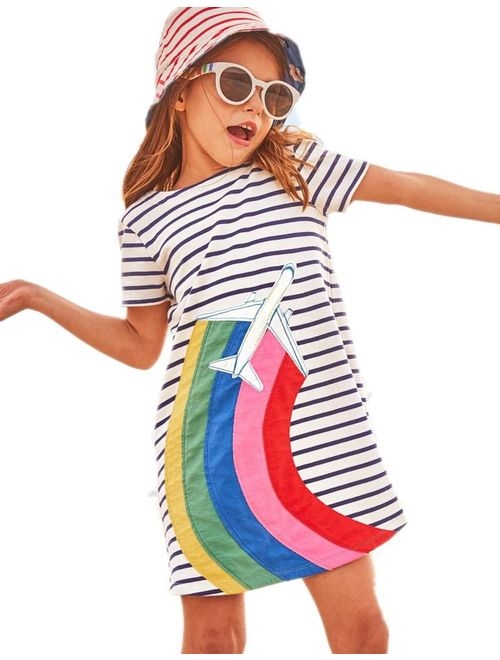 HILEELANG Little Girls Cotton Dress Short Sleeves Casual Summer Striped Basic Shirt Jumpskirt Playwear Dresses