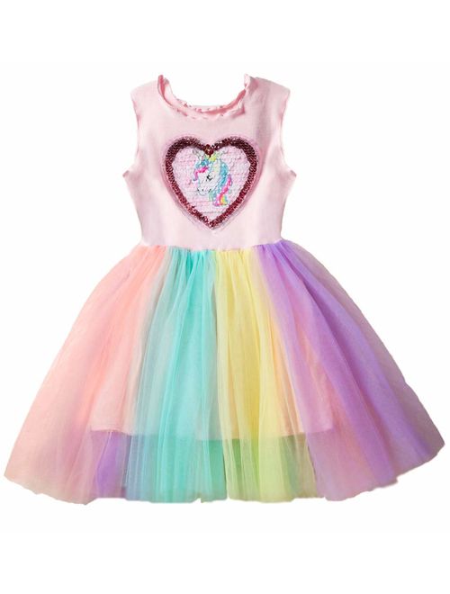 Girls Tank Dress Unicorn Rainbow Tulle Sequin Mesh Party Wedding Princess 2pcs Outfits