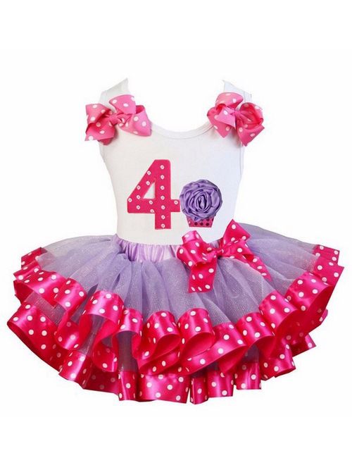 Kirei Sui Hot Pink Polka Dots Satin Trimmed Tutu 1st - 6th Rosette Cupcake Tee 2pcs Outfit