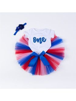 Baby Girls Skirt Set 1st Birthday Tee/Handmade Tutu Skirt 3PCS Romper Skirt and Headband