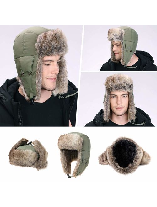 Unisex 100% Rabbit Fur Trapper Ushanka Russian Hat Nylon Shell Windproof