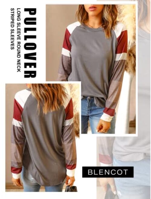 BLENCOT Women's Lightweight Color Block Long Sleeve Loose Fit Tunics Shirts Tops
