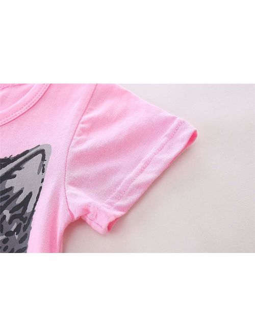 LittleSpring Summer Cat Dresses for Girls Short Sleeve Casual Cotton Clothes