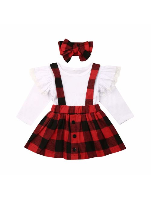 3PCS Toddler Baby Girls Christmas Outfit Ruffle Sleeve Deer Santa Tops+Suspender Plaid Skirt Set
