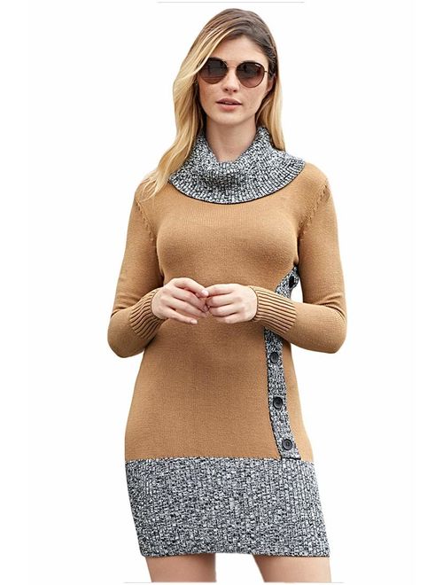 Women's Rib Knit Cowl Neck Long Sleeve Bodycon Pullover Midi Mini Warm Sweater Dress Jumper