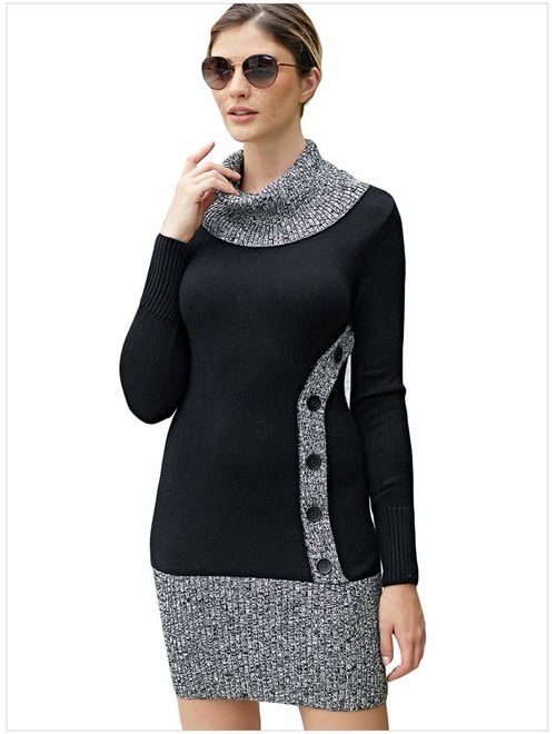 Women's Rib Knit Cowl Neck Long Sleeve Bodycon Pullover Midi Mini Warm Sweater Dress Jumper