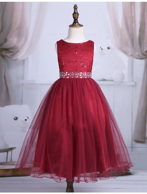 YiZYiF Kids Girl's Lace Sequined Wedding Bridesmaid Formal Birthday Party Flower Girl Dress
