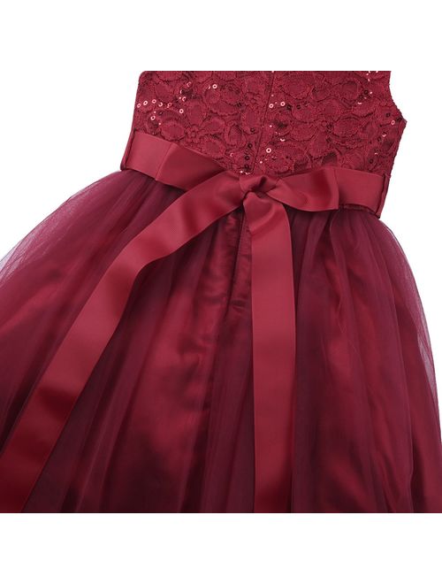 YiZYiF Kids Girl's Lace Sequined Wedding Bridesmaid Formal Birthday Party Flower Girl Dress