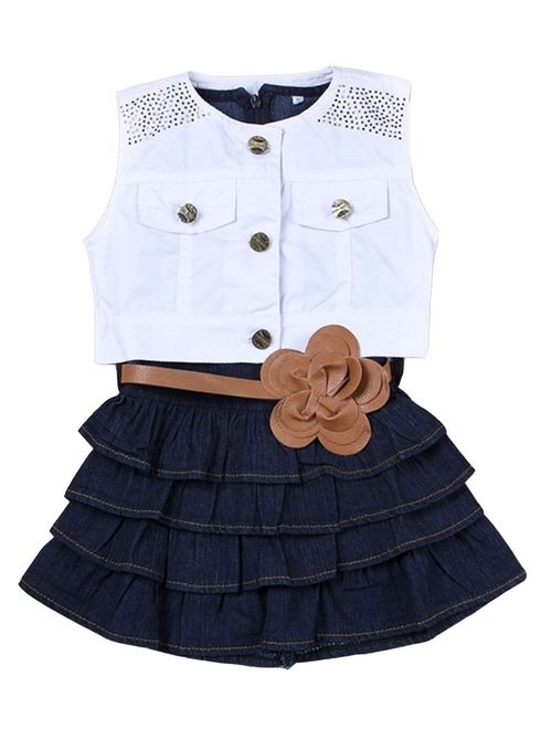 Little Girls Fashion White Coat + Denim Pleated Skirt Dress 2 Pcs Set