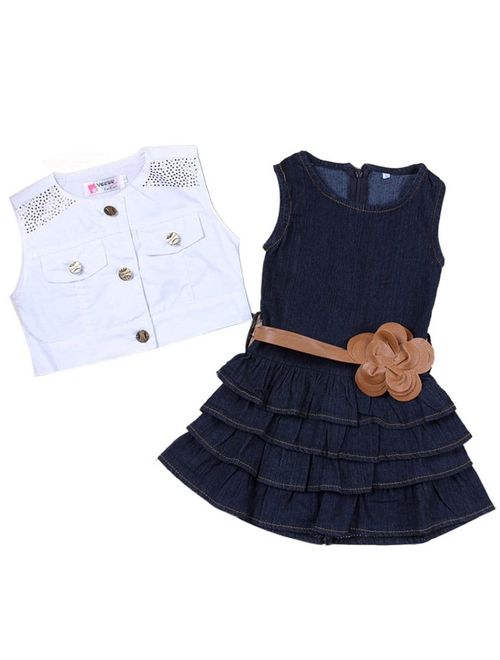 Little Girls Fashion White Coat + Denim Pleated Skirt Dress 2 Pcs Set