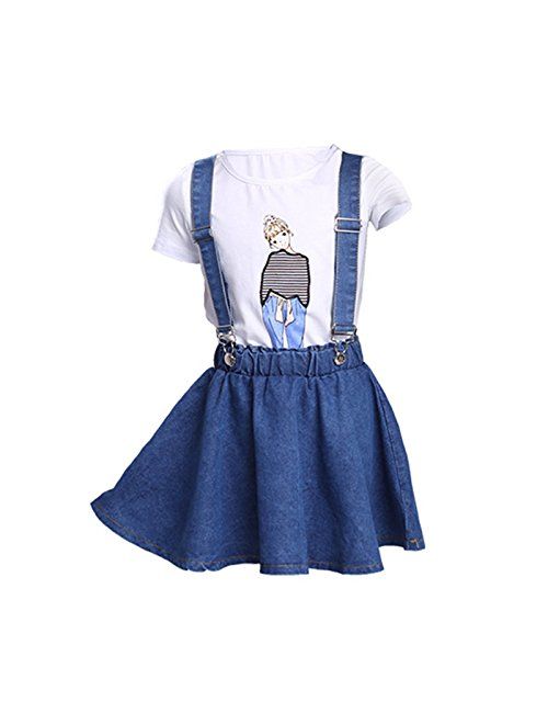 Oushiny Girls' Denim Skirt with Suspenders & T-Shirt 2pcs Set 6 Styles for 2-12