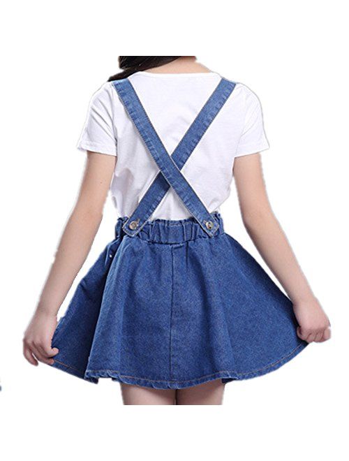 Oushiny Girls' Denim Skirt with Suspenders & T-Shirt 2pcs Set 6 Styles for 2-12