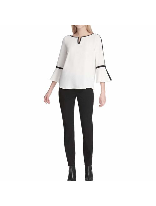 Calvin Klein Womens Bell Sleeve Top with Piping and Hardware