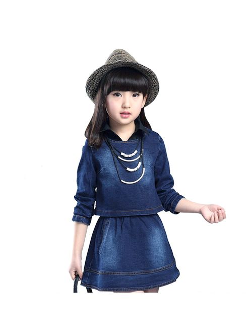 AIMBAR Kids Girls Casual Washed Denim Long Sleeve Top & Clothing Set Size 4-13 Years