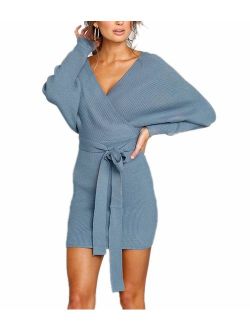 ROVLET Women's Off Shoulder Wrap V Neck Ribbed Knit Bodycon Dress Long Sleeve One Piece Mini Sweater Dress with Belt