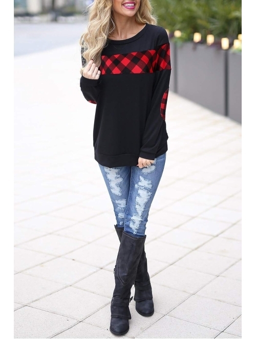 Blooming Jelly Women's Color Block Plaid Shirt Crew Neck Elbow Patches Pullover Sweatshirt Top