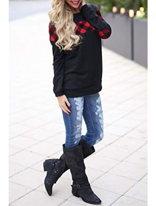 Blooming Jelly Women's Color Block Plaid Shirt Crew Neck Elbow Patches Pullover Sweatshirt Top