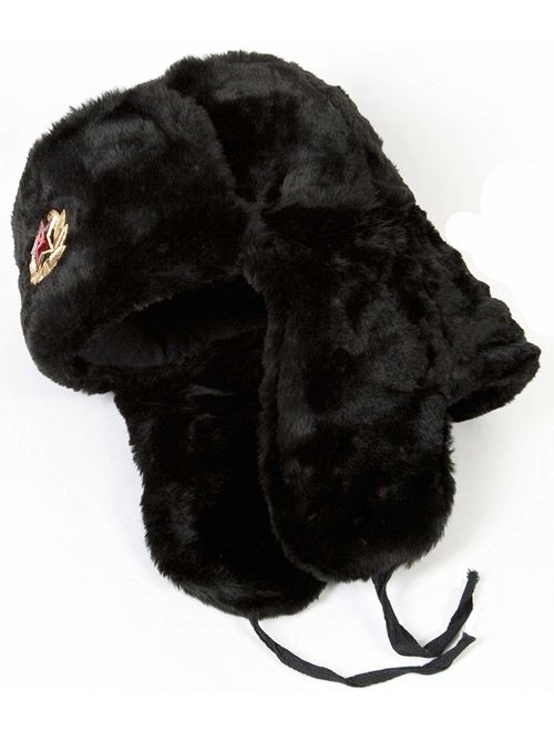 SIBERHAT Russian Soviet Army Black KGB Fur Military Cossack Ushanka Hat Size M