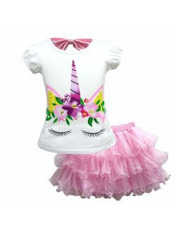 Girl Unicorn Short Sleeve Top and Pink Tutu Lace Skirts Summer Adorable Clothes Kids Size 5-8years