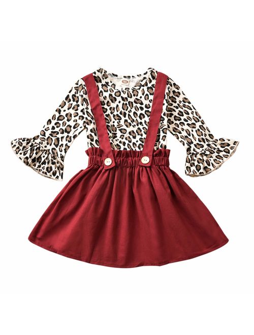 Mr.Lang Toddler Baby Girls Linen Suspender Mini Skirt Ruffle Leopard Long Sleeve Shirts Kids Cute Clothes Dress Set