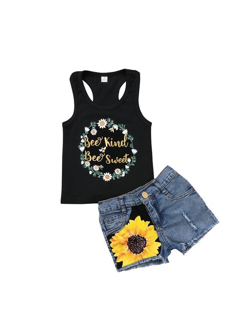 Baby Girl Summer Flower Sleveless T-Shirt Dress 2Pcs/Set Fashion Toddler Kids Top+Floral Denim Shorts Outfits