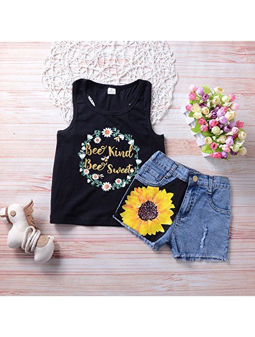 Baby Girl Summer Flower Sleveless T-Shirt Dress 2Pcs/Set Fashion Toddler Kids Top+Floral Denim Shorts Outfits