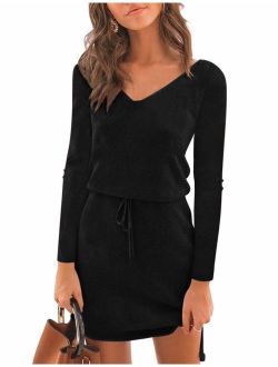 ZHPUAT Women's Sweater Dress Sexy V-Neck Long Batwing Sleeves Backless Wrap Cocktail Bodycon Dress with Belt
