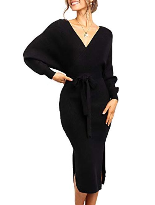 Chang Yun Women's Long Maxi Sweater Dresses Sexy Wrap Batwing V Neck Slit Open Back Holiday Bodycon Dress with Belt