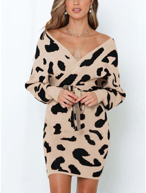 Ashuai Womens V Neck Wrap Mini Sweater Dresses Leopard Batwing Sleeve Backless Bodycon Knit Dress