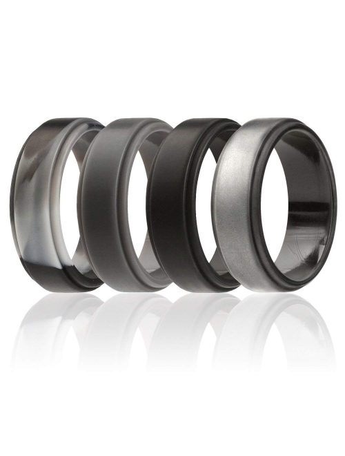 ROQ Silicone Wedding Ring for Men, 4 Packs & Singles Silicone Rubber Wedding Bands - Step Edge Sleek Design - Metallic, Black and Camo Colors