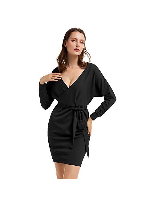 YUMDO Women's Sweater Dresses Sexy V Neck Backless Batwing Sleeves Bodycon Dress