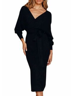 Ferlema Women's Sexy Backless Cocktail V Neck Belted Long Batwing Sleeves Party Knit Sweater Dress