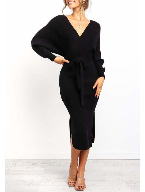 Ferlema Women's Sexy Backless Cocktail V Neck Belted Long Batwing Sleeves Party Knit Sweater Dress