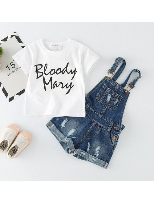 Chumhey Big&Little Girls 2Pc Big Bib Jeans Summer Shortalls Set T-Shirts