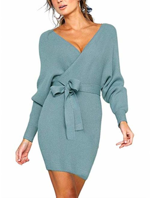 JOYCHEER Womens Sweater Dresses Sexy V Neck Backless Long Batwing Sleeves Mini Bodycon Dress