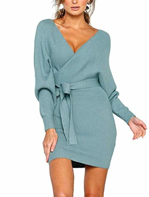 JOYCHEER Womens Sweater Dresses Sexy V Neck Backless Long Batwing Sleeves Mini Bodycon Dress