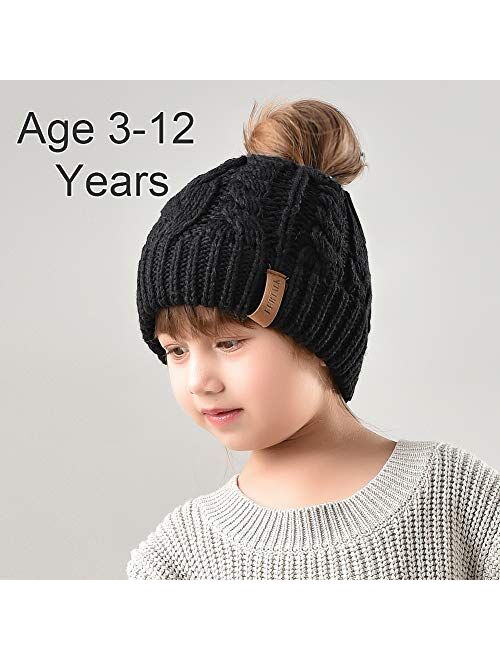 Winter Hats For Girls Ponytail Beanie Hat Kids Toddler Girl Knit Cap Messy Bun, Age 3-10 Years