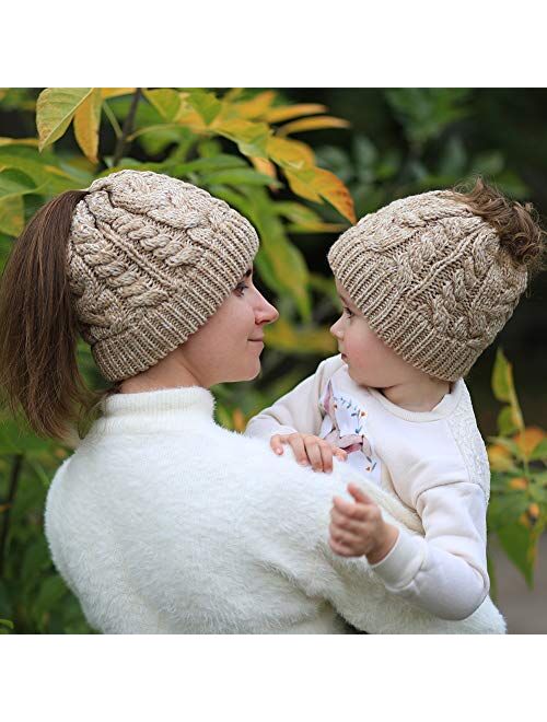 Winter Hats For Girls Ponytail Beanie Hat Kids Toddler Girl Knit Cap Messy Bun, Age 3-10 Years