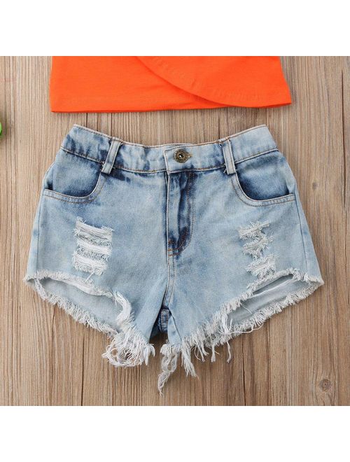 2PCS Toddler Baby Girl Summer Outfit One Shoulder T-Shirt Tops+Frayed Hem Ripped Denim Shorts Clothes Set