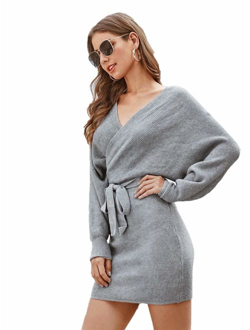 SheIn Women's Belted V Neck Rib Knit Mini Sweater Dress Long Sleeve