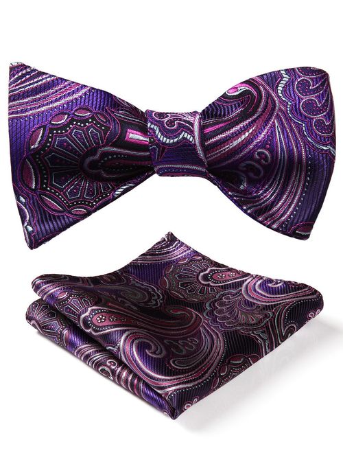 HISDERN Untied Bow Ties Men's Floral Jacquard Wedding Party Self Bowtie Pocket Square Set